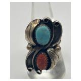 Size 7 925 Turquoise and Red Coral Ring