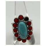 Turquoise and Red Coral Flower Ring Missing Stone
