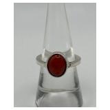 925 Oval Cut Orange Cabochon Ring Size 7.5