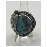 7.5in 925 Turquoise Inlay Feather Design Ring