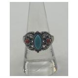 Size 7.5 Turquoise and Red Coral 925 Ring
