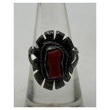 Size 6 925 Red Coral Inlay Ring