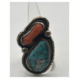 Size 8 Large Red Coral and Turquoise 925 Ring