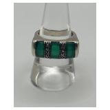 Art Deco 925 3 Stone Green Malachite Ring