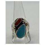 Red Coral and Turquoise Size 10 Ring