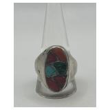 Size 11.5 925 Red Coral and Turquoise Inlay Ring