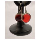 Sterling Silver Round Red Glass Dangle Earrings