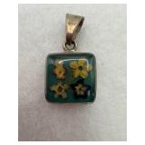 Sterling silver square pendant teal floral resin