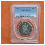 1859 Seated Liberty Silver Half Dollar VG10