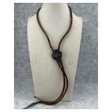 Brown Braided Leather Bolo Tie with an Shield