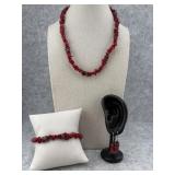Red Coral Jewelry Set with a Necklace, Bracelet,