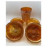 Marigold Carnival Glass — Three Footed Berry Bowls & One Grape‑Pattern Marigold Carnival Glass — Three Footed Berry Bowls & One Grape‑Pattern