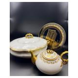 24k Gold Spyropoulos Deco Plate and Limoges Covered Dish & Teapot 24k Gold Spyropoulos Deco Plate and Limoges Covered Dish & Teapot