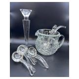 Crystal Pitcher with Ladles & Modernistic Glass Candlestick Holder Crystal Pitcher with Ladles & Modernistic Glass Candlestick Holder