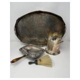 Silverplate Crumb Tray, Brush & Engraved Tableware Set Silverplate Crumb Tray, Brush & Engraved Tableware Set