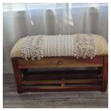 Boho Acacia Storage Bench with Dhurrie‑Style Upholstered Top Boho Acacia Storage Bench with Dhurrie‑Style Upholstered Top