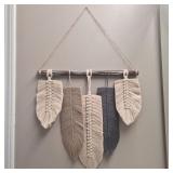 Macramé Wall Art with Five Woven Feathers on Rustic Wood Pole Macramé Wall Art with Five Woven Feathers on Rustic Wood Pole