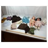 Pair of Vintage Dolls w/ Clothes & Stand