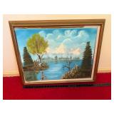 Framed Mountain Lake Landscape Painting
