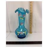 Blue Floral Art Glass Vase 13in