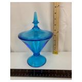 Blue Art Glass Covered Compote