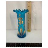 Blue Floral Glass Vase 9in