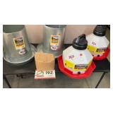 Poultry feeders, poultry waterers and bag of grit