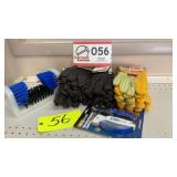 Gloves and boot scrubber, knife