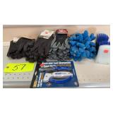 Gloves, boot scraper, knife, and tool sharpener