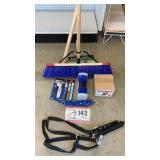 Pushbroom, Weedwhacker, boot scrubbers, knife,