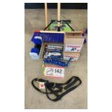 Pushbroom, Weedwhacker, boot brush, knife, rope,