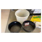 Rubber black tubs, 2 large white plastic tub