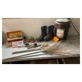 Fishing poles, nets, boxing contents, boots-size