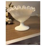 This vintage Fenton milk glass compote features a