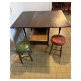 Antique table with drawer and two antique stools