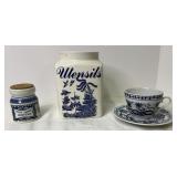 WIllowware cansiter w/o lid, Utensils, Blue Tea...