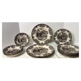 Brown transferware, 3 lg plates, 8 sm plates, 5...