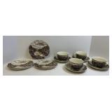 Brown Tannsferware 4 Cups and Saucers 3 Plates