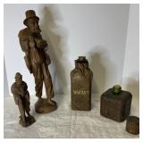 2 Wooded figures, 2 Wiskey Bottles with leather...