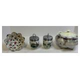 Bowl w/Lid,  Bird Cups w/silver lids, Painted Bowl
