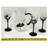 Black Flower Pitcher w/3 Goblets