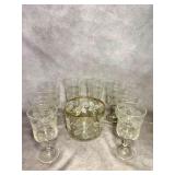 Etched Glassware Set with Gilt Details, 8 Pieces