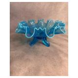 Opalescent Blue Ruffled Glass Bowl on Feet