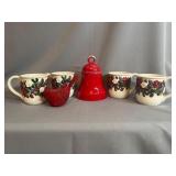 Four JCPenney Mugs, Bell Jar, and Bird Figurine