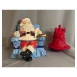 Ceramic Santa Cookie Jar and Red Bell Dish