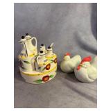 Mid-Century Ceramic Cruet Set and Rooster Shakers
