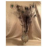 Metal Vase with Peacock Feathers