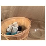 Wood Basket with Assorted Mugs and Glass Bowl