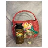 Woven Floral Basket with Tin and Glass Jar