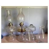 Three Glass Oil Lamps with Chimneys